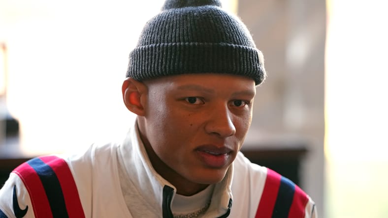 Joshua Dobbs talking to reporters during a Patriots media session. Joshua Dobbs Patriots