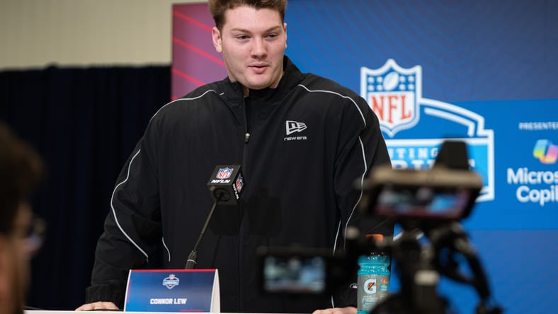 Connor Lew speaking to reporters at the NFL Combine during a media session in Indianapolis. Blake Brandel Vikings.