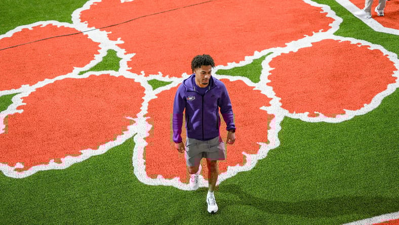 Antonio Williams runs drills during Clemson Pro Day at the Poe Indoor Facility while NFL scouts watch. vikings draft wide receiver 2026
