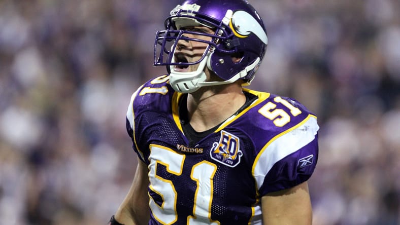 Ben Leber celebrating during a Vikings game against the Cowboys at the Metrodome. Ben Leber Vikings