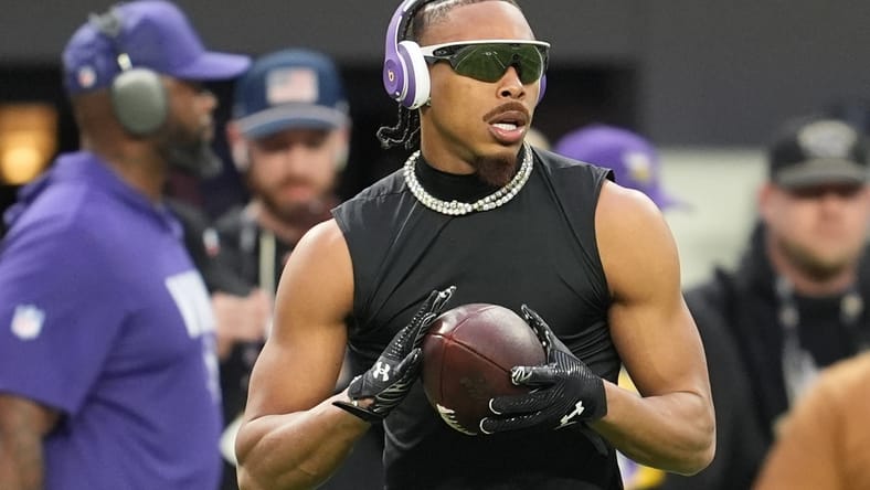 Vikings WR Justin Jefferson before a game against the Lions in the 2025 season