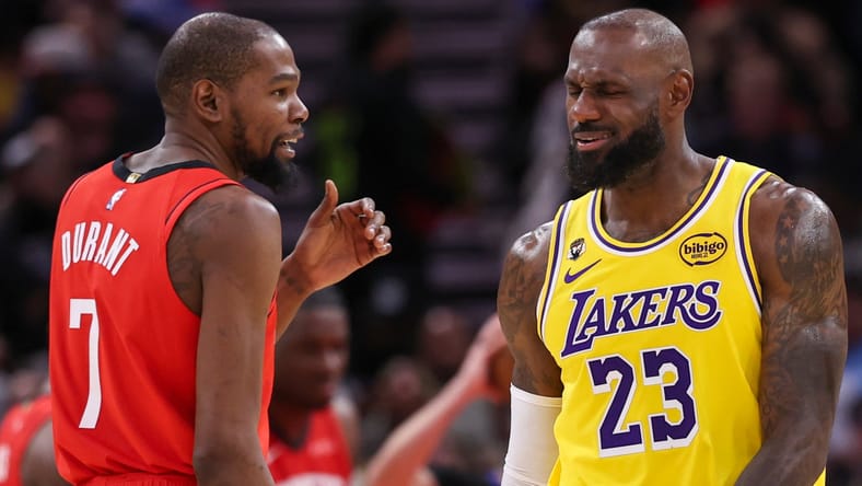 Kevin Durrant and LeBron James in March 2026 in Houston