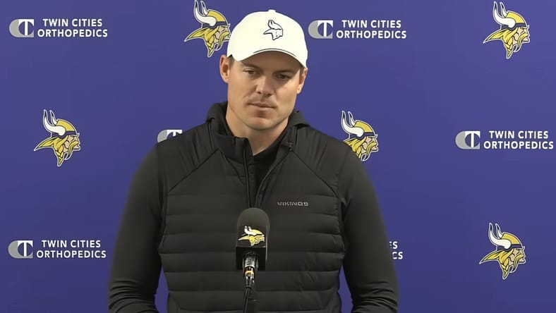 Kevin O’Connell addresses media at the Vikings’ facility during the start of the offseason program.