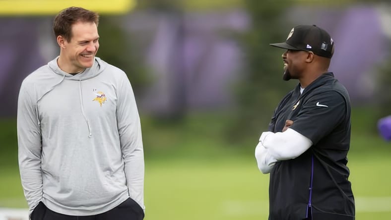 Kevin O’Connell introduces Brian Flores during a press conference at Vikings facility.