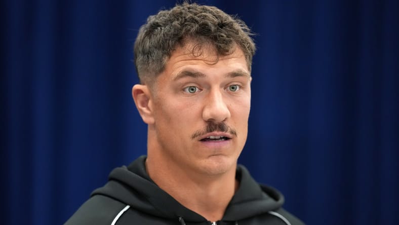 Mason Reiger speaks to reporters at the NFL Scouting Combine. Mason Reiger Vikings.