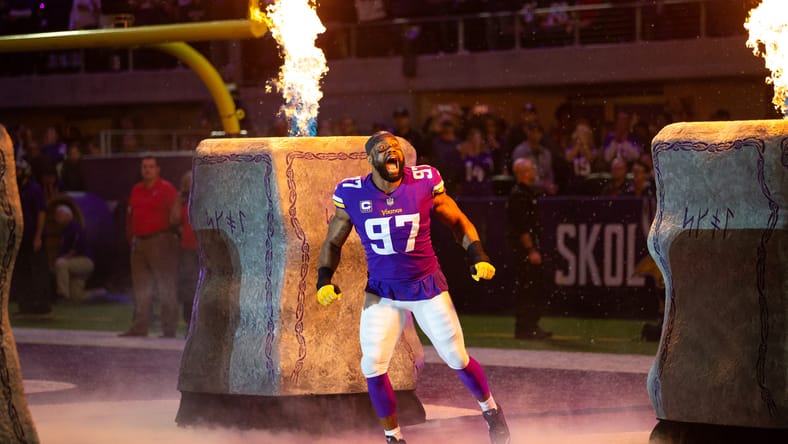 Everson Griffen during player introductions before a Vikings game. Vikings draft trades.