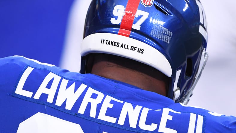 Close-up of Dexter Lawrence’s Giants helmet before a game at MetLife Stadium. Dexter Lawrence Vikings