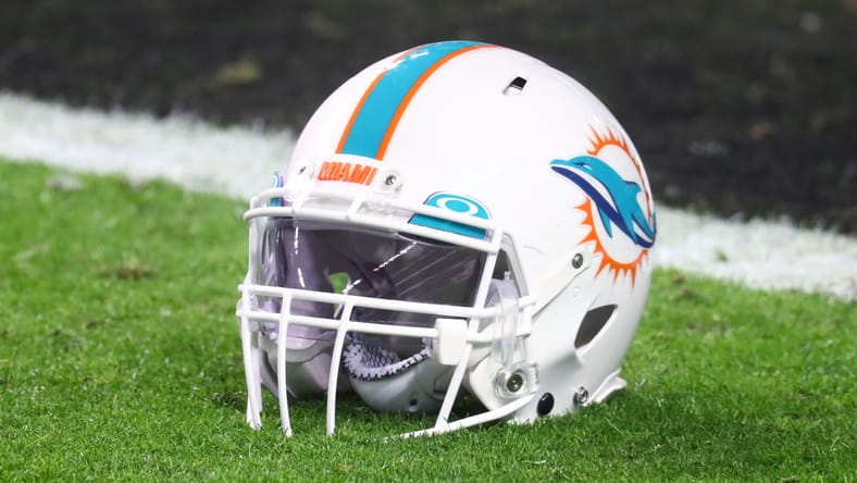 Miami Dolphins helmet on the field in 2020 before a Raiders game
