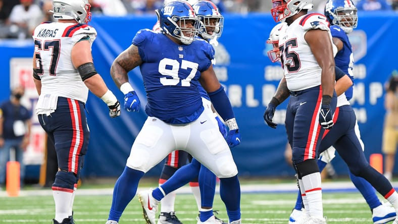 Dexter Lawrence celebrates during a game against the New England Patriots at MetLife Stadium. vikings trade targets 2026