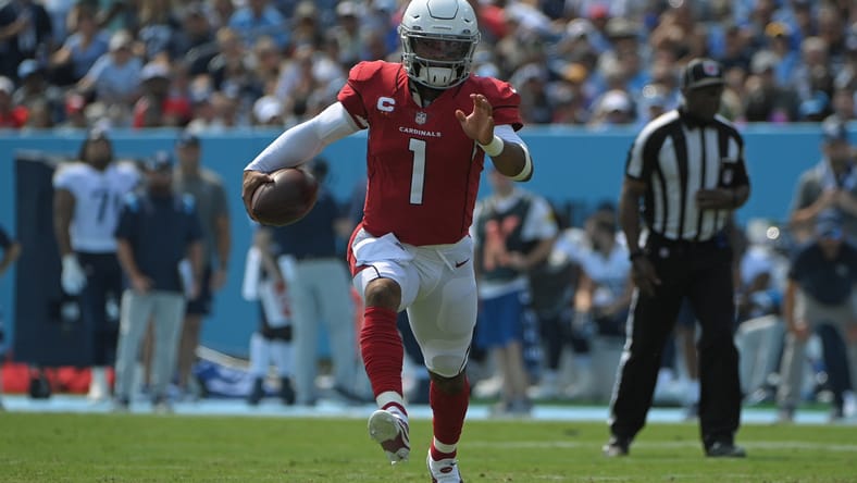 Kyler Murray running with ball during Cardinals vs Titans game. Joe Burrow Vikings.