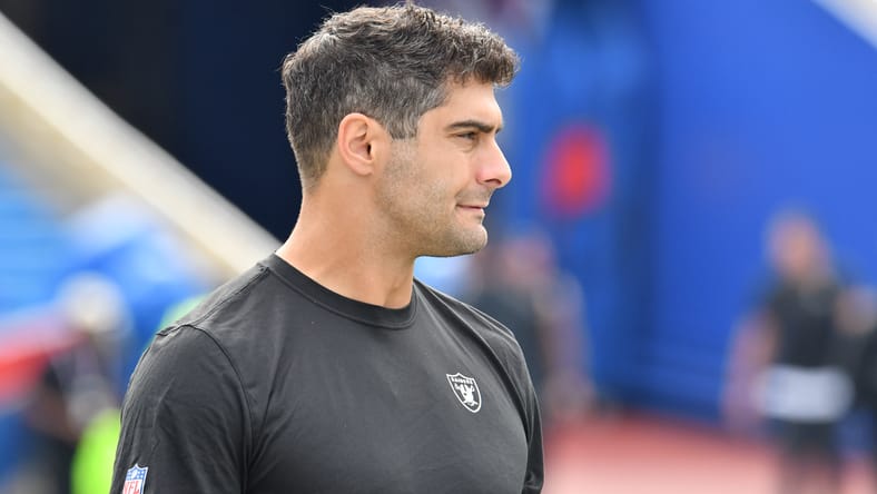 Jimmy Garoppolo warming up before Raiders vs Bills at Highmark Stadium. Jimmy Garoppolo Vikings.