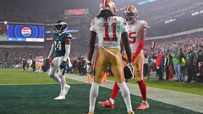 Jauan Jennings celebrating touchdown with Brandon Aiyuk against Eagles