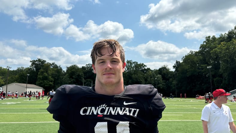 Jake Golday in Cincinnati uniform during team activity after transferring from Central Arkansas. Vikings Jake Golday.