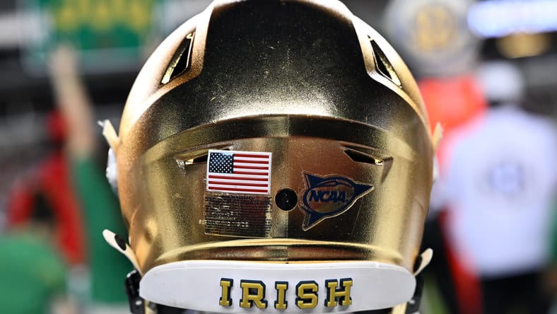 a Notre Dame Helmet on the field in 2024