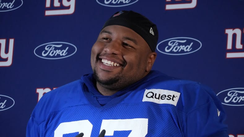 Dexter Lawrence speaks at a press conference in Munich during an NFL international event. Dexter Lawrence trade