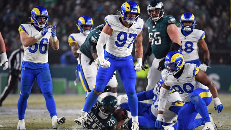 Michael Hoecht reacts after a tackle in a Rams playoff game against the Eagles. Vikings trades