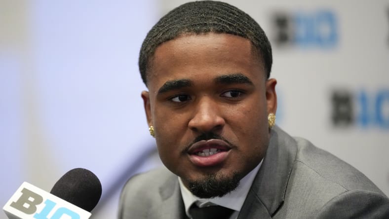 Kamari Ramsey speaks to the media at Big Ten football media days in Las Vegas. vikings mock draft 2026