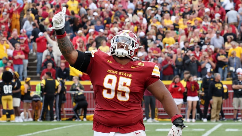 Domonique Orange celebrates during a game against Iowa at Jack Trice Stadium. Vikings Domonique Orange