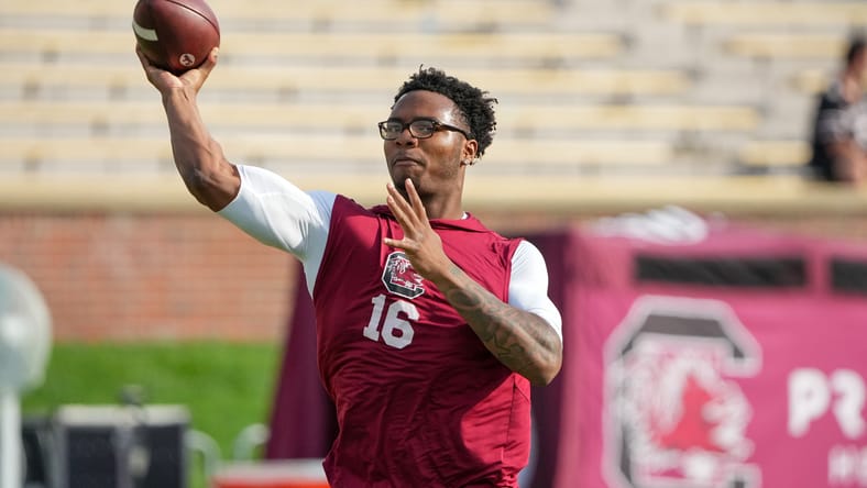 LaNorris Sellers warming up before a game against Missouri. LaNorris Sellers Vikings