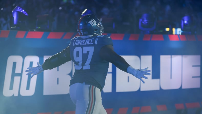 Dexter Lawrence runs onto the field before a game against the Eagles at MetLife Stadium. Dexter Lawrence trade