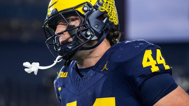Max Bredeson warming up before a Michigan game at Michigan Stadium.