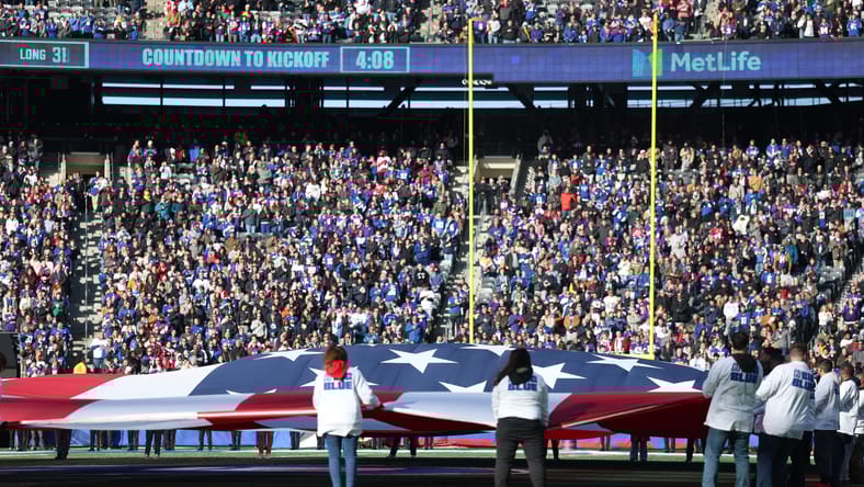 Fans at Giants-Vikings game and flag in 2025