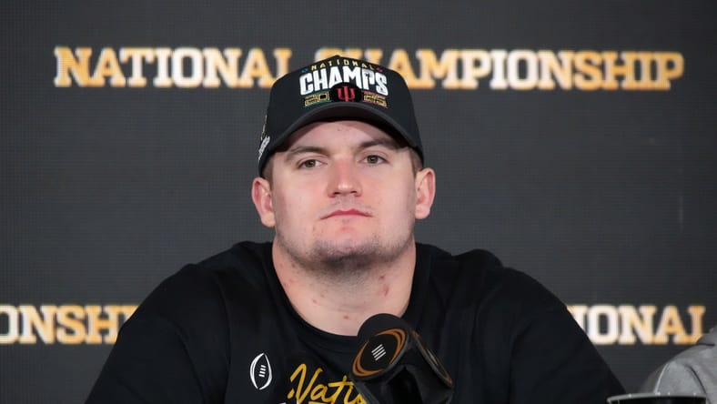 Indiana lineman Pat Coogan at a CFP Champions press conference in Miami. Vikings draft