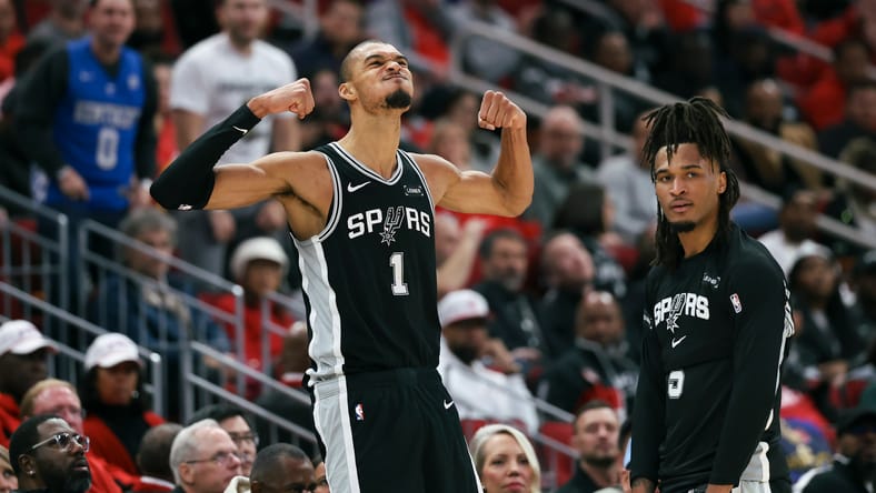 Victor Wembanyama and Stephon Castle react during a fourth-quarter play against the Rockets. nba playoff predictions 2026