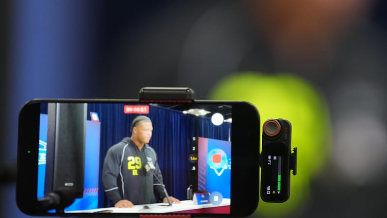 Peter Woods speaks to media at the NFL Combine in Indianapolis. Peter Woods Vikings
