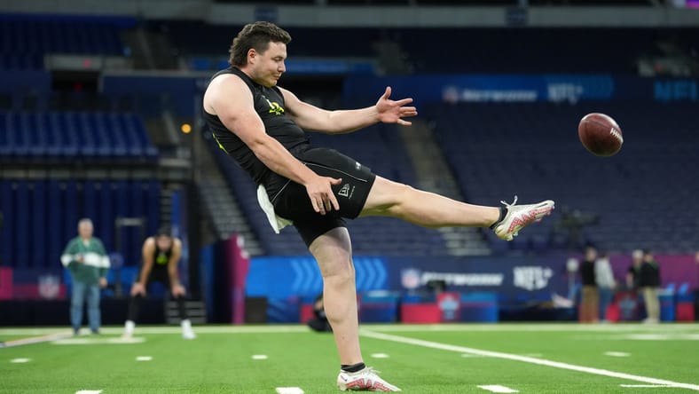 Brett Thorson punts during a drill at the NFL Scouting Combine in Indianapolis. Brett Thorson Vikings