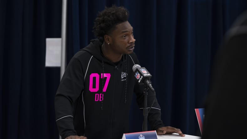 Charles Demmings speaks to media at the NFL Combine in Indianapolis.