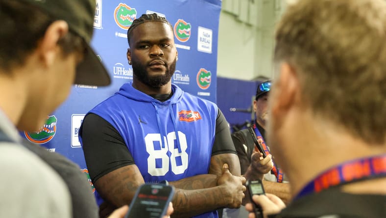 Caleb Banks speaks to media during Florida Pro Day in Gainesville. Caleb Banks Vikings.