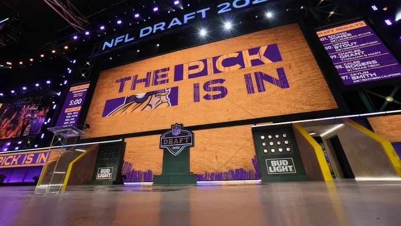 Video board on NFL Draft stage showing “The Pick Is In” for the Minnesota Vikings during the third round in Green Bay