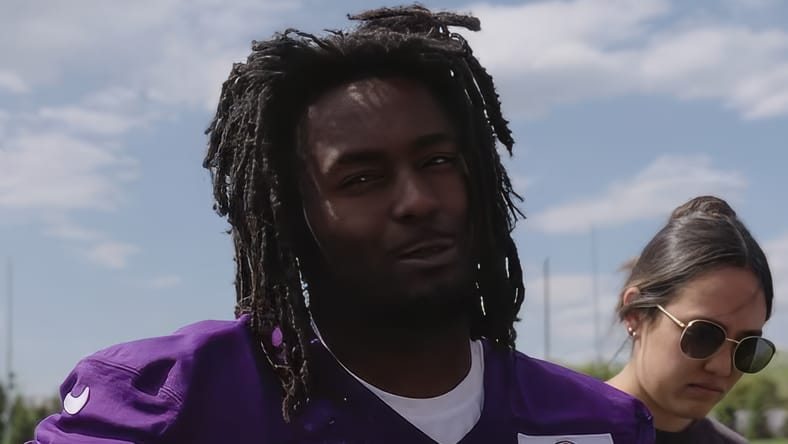 Demond Claiborne participates in Vikings rookie minicamp drills at the TCO Performance Center in Eagan.