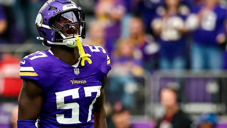 Jamin Davis celebrates a defensive play during his time with the Vikings