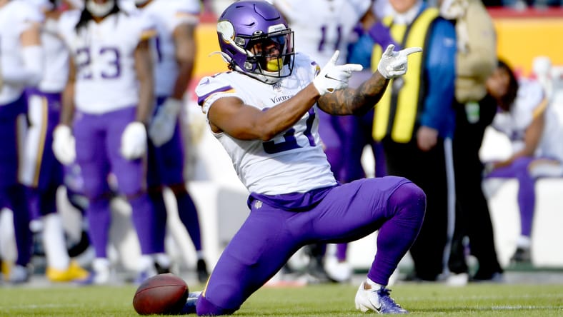 Ameer Abdullah celebrates during a Vikings game against the Kansas City Chiefs at Arrowhead Stadium.
