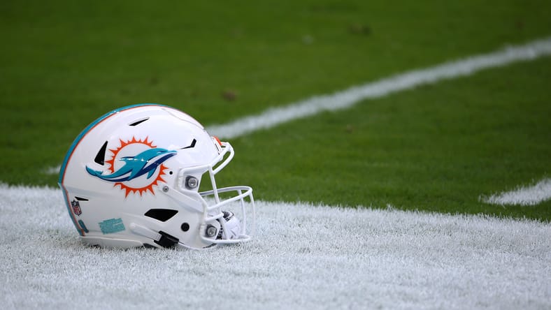 Dolphins helmet on the field before a game against the Bills in 2020