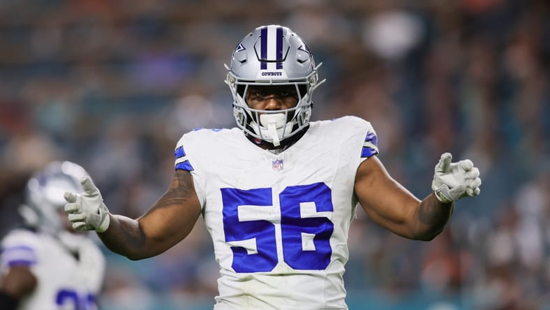Dante Fowler Jr. reacts on the field during a Cowboys game against the Dolphins.