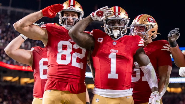 Deebo Samuel Sr. celebrates after scoring a touchdown for the 49ers against the Lions at Levi’s Stadium. Vikings rumors