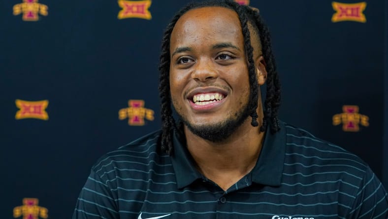 Domonique Orange answers questions during Big 12 Football Media Days in Frisco, Texas. Domonique Orange Vikings