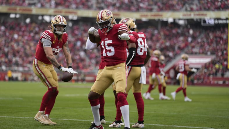 Jauan Jennings celebrates after scoring a touchdown for the 49ers against the Titans at Levi’s Stadium.