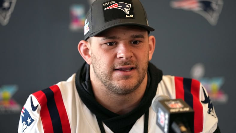 Garrett Bradbury talks with reporters during Super Bowl week events in Santa Clara, California.