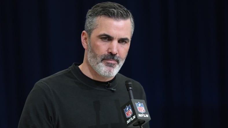 Kevin Stefanski speaks to reporters during the NFL Scouting Combine in Indianapolis.
