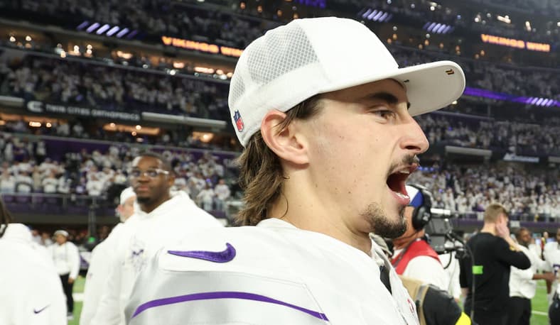 Vikings quarterback Max Brosmer and kicker Will Reichard talk on the field after a game at U.S. Bank Stadium. Vikings roster cuts