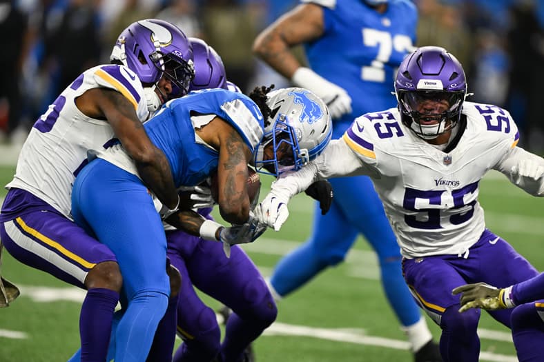 Vikings safety Theo Jakcson in 2025 at the Lions
