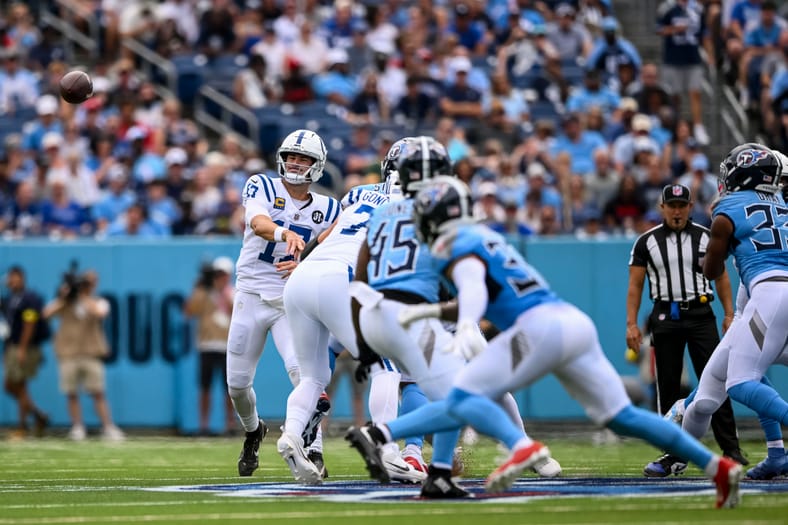 Colts and former Minnesota Vikings quarterback Daniel Jones attempts pass against Titans at Nissan Stadium.