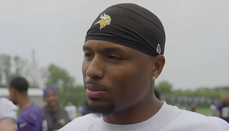 Isaiah Rodgers talks to reporters after Vikings minicamp practice.