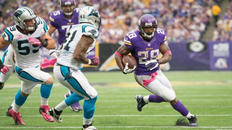 Adrian Peterson carries the ball against the Carolina Panthers.