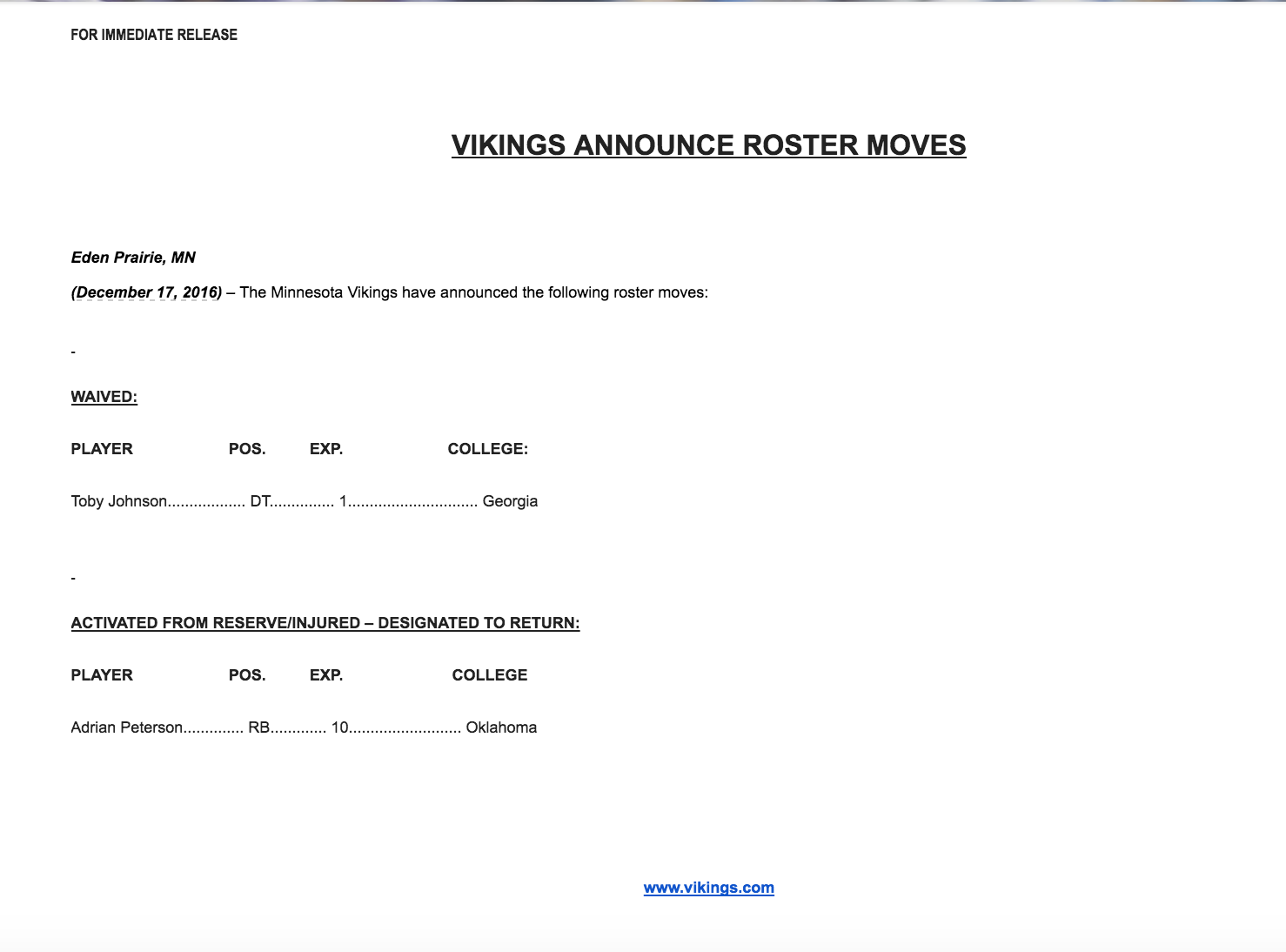 Vikings Official Press Release