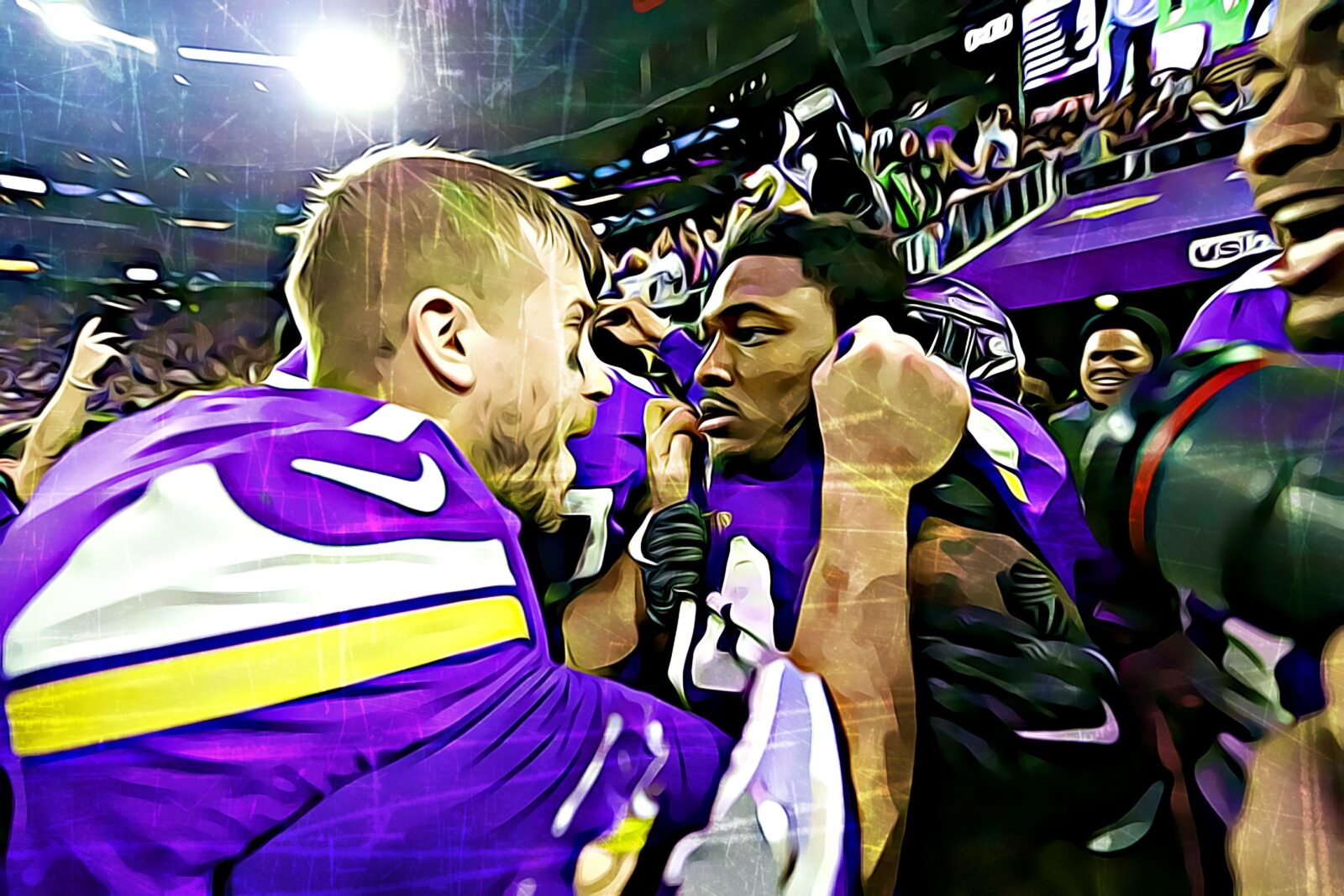 Stefon Diggs and Case Keenum posing right after the game in the Viking  Locker Ro